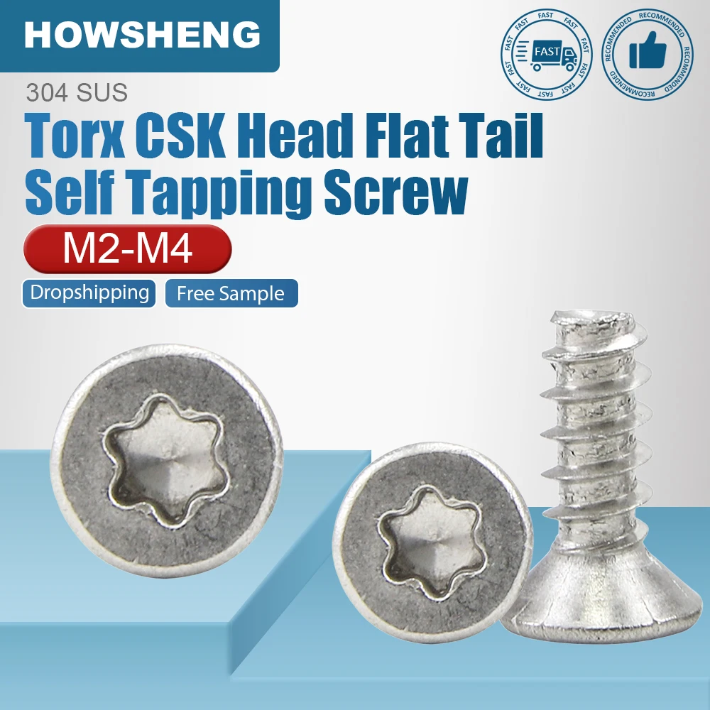 10/30PCS M2 M2.3 M2.6 M3 M3.5 M4 Torx Flat Head Tapping Screws Flat Tail 304 Stainless Steel CSK Head Screws for Plastic Sheet