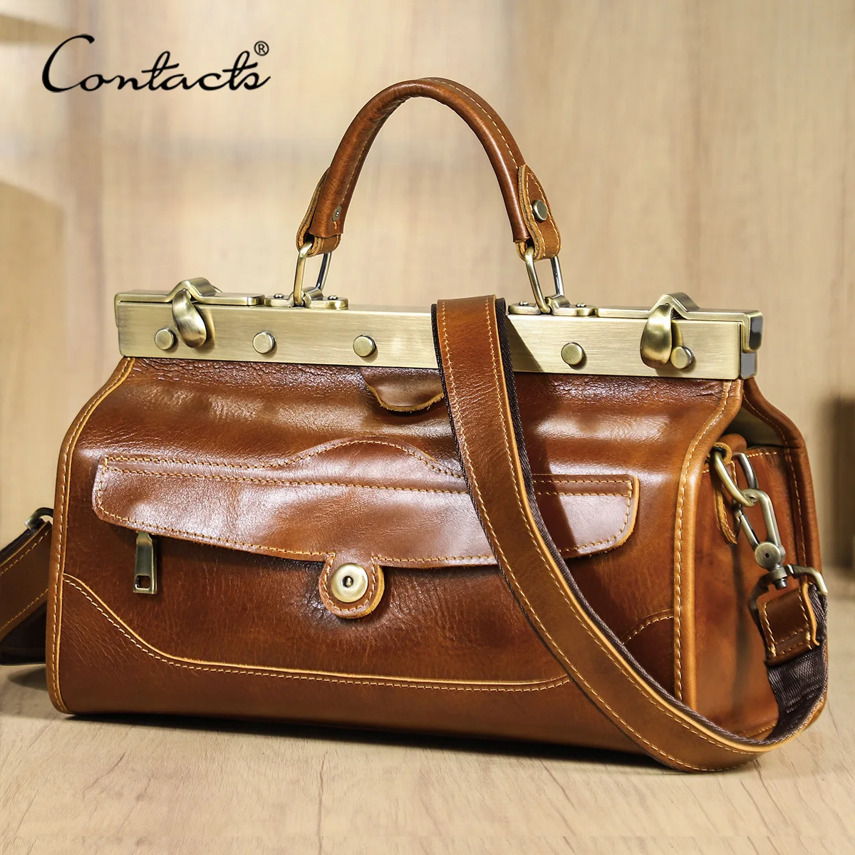

CONTACT'S Genuine Leather Top Handle Bags for Women Sling Shoulder Bags Tote Bag Handbags Metal Frame Female Bags Office Ladies