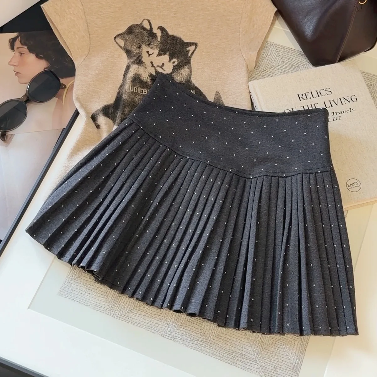 Korean Polka Dot Woolen Pleated Skirt Women's Autumn New High-waisted Slim-fitting Skort A-word Skirt