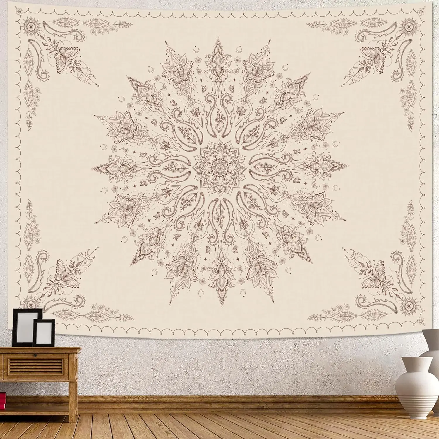 Boho Mandala Tapestry – Beige Floral Pattern Wall Art, Bohemian Decor for Bedroom, Living Room,150x300cm59x118in
