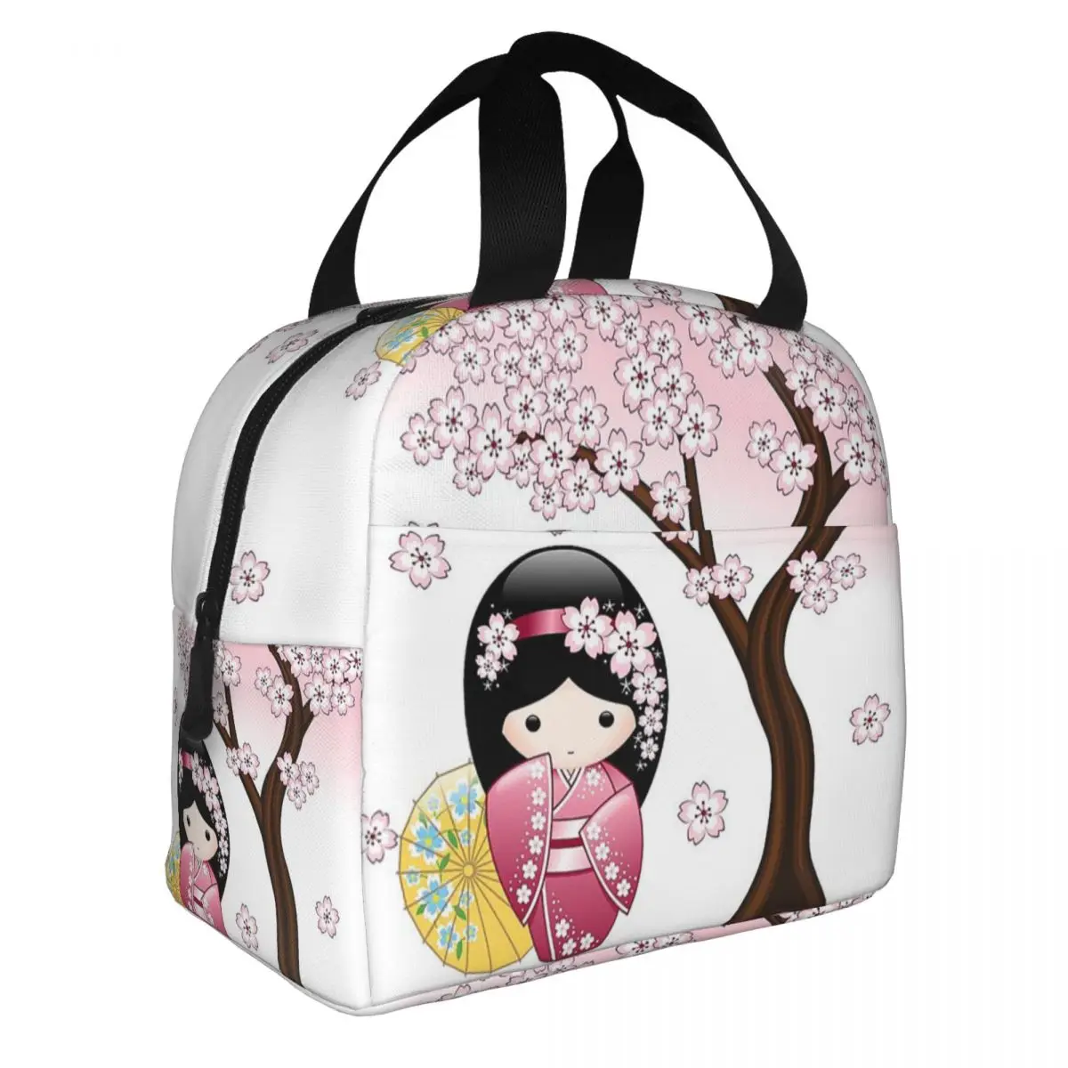 Japanese Spring Kokeshi Doll Insulated Lunch Bag Portable Meal Container Cooler Bag Lunch Box Tote Work Outdoor Food Handbags