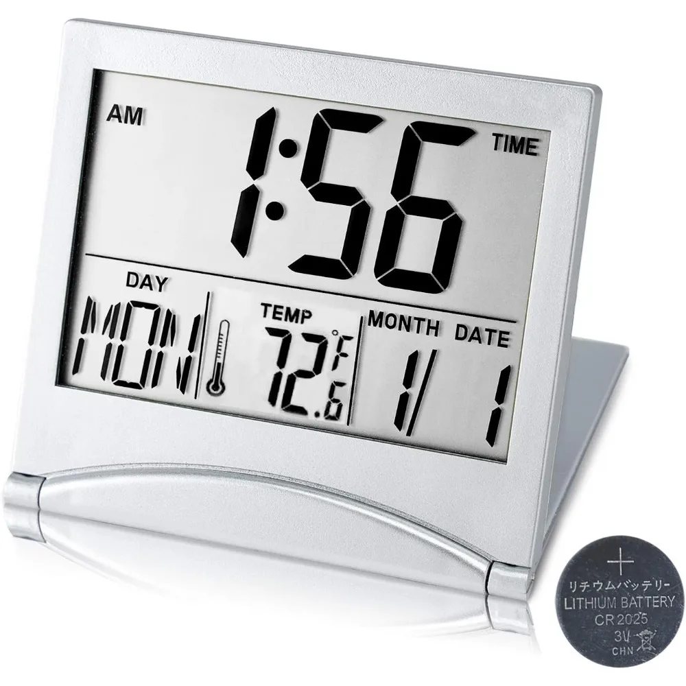 

Digital travel alarm clock, battery powered, portable large digital display temperature alarm clock
