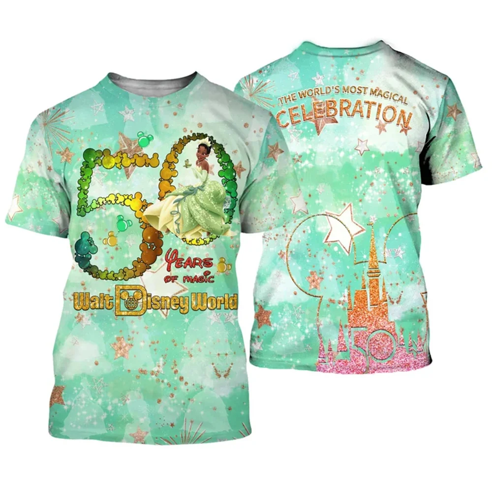 

Tiana Princess Clear Green Castle Mickey Head Disney 50th Anniversary Unisex Casual T-shirts Outfits Clothing Men Women