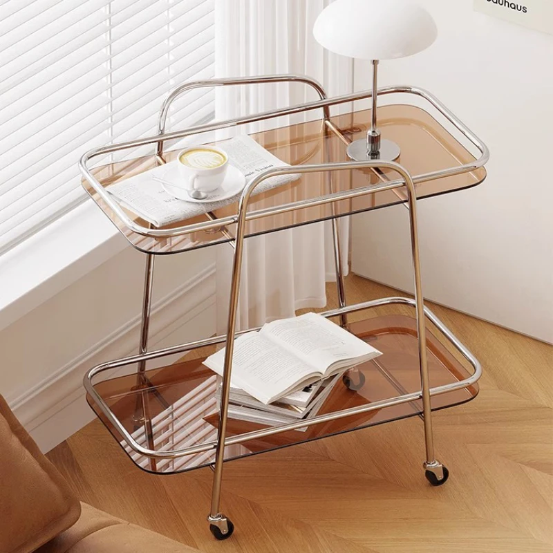 Small Cart Movable Sofa Side Glass Coffee Table Minimalist Bedside Snack Storage Rack Service Tables Luxury Design Esstisch