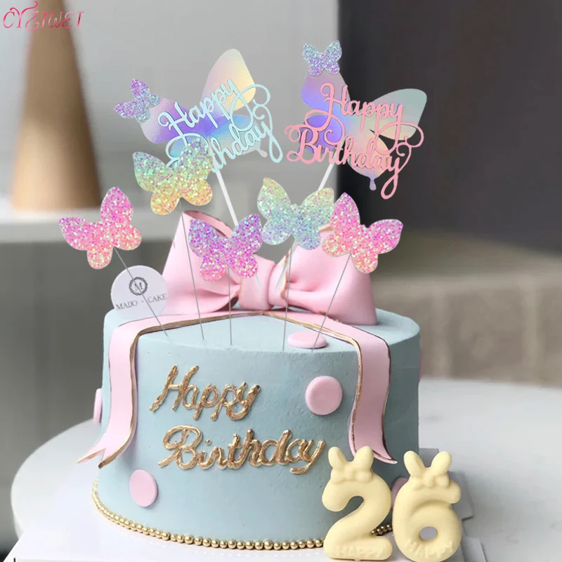 

Biling Colourful Laser Butterfly "Happy Birthday" Cake Topper Wedding Bride Dessert Decoration for birthday party cake decor