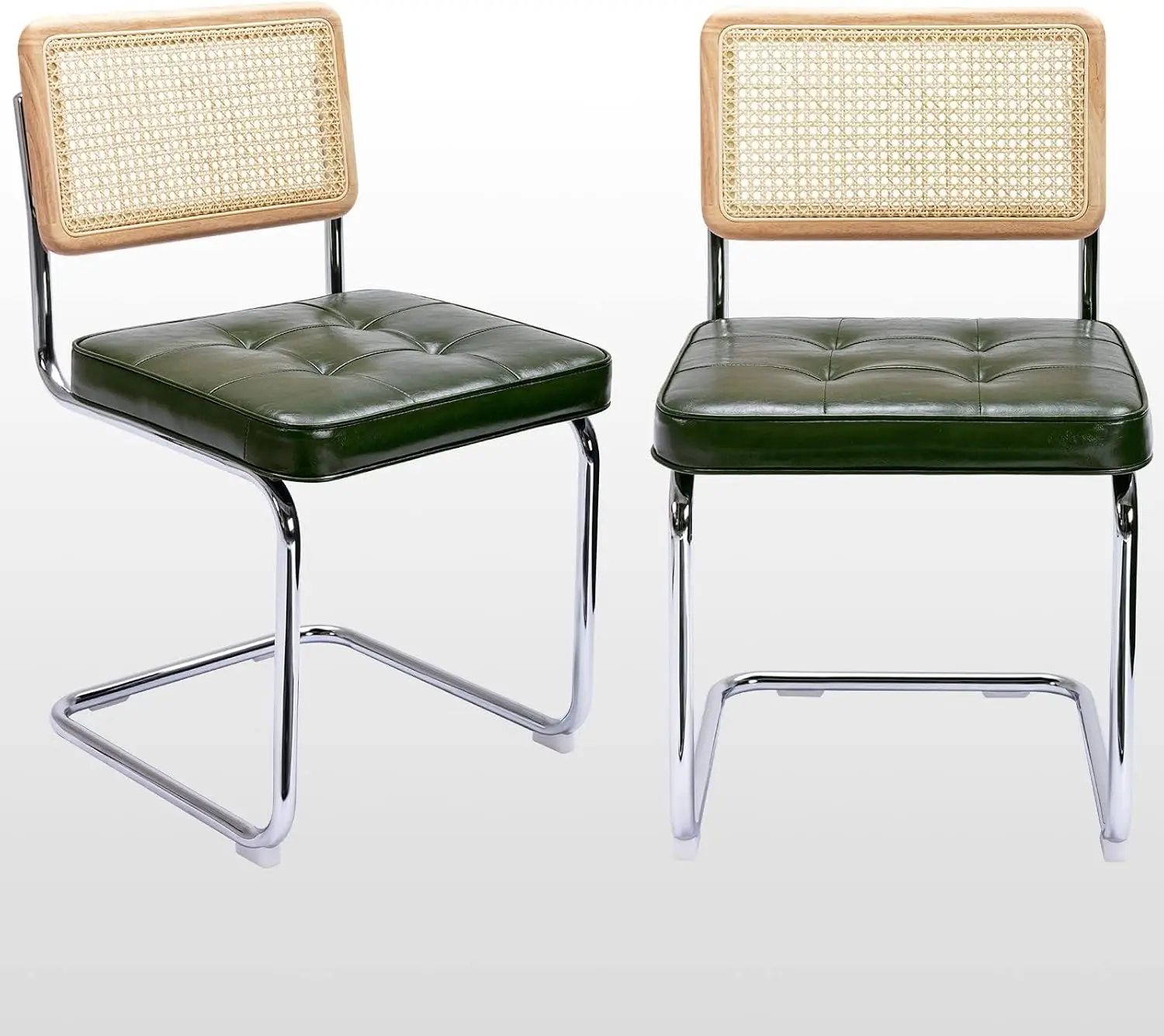 Natural Rattan Dining Chairs Set Of 2, Mid Century Modern Kitchen Accent Chairs With Chrome Frame, Upholstered Faux Leather Seats, Solid Wood Cane Mesh Cantilever Chairs, Green