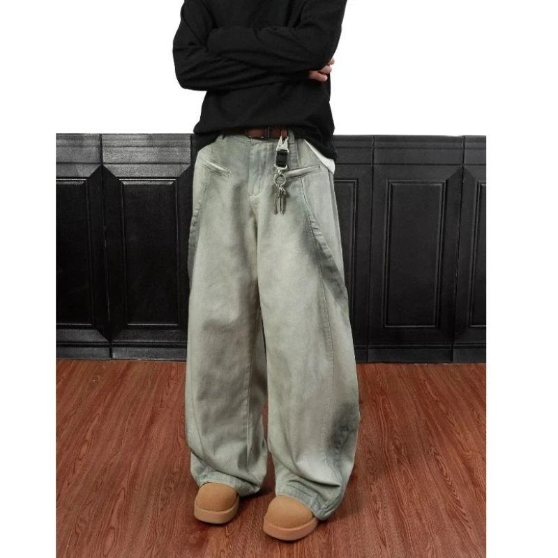 جينز رجالي هاراجوكو أمريكي مفكك قذر مغسول مستقيم الدينيم السراويل خمر ملابس العمل عادية فضفاضة تناسب الشارع الشهير جديد