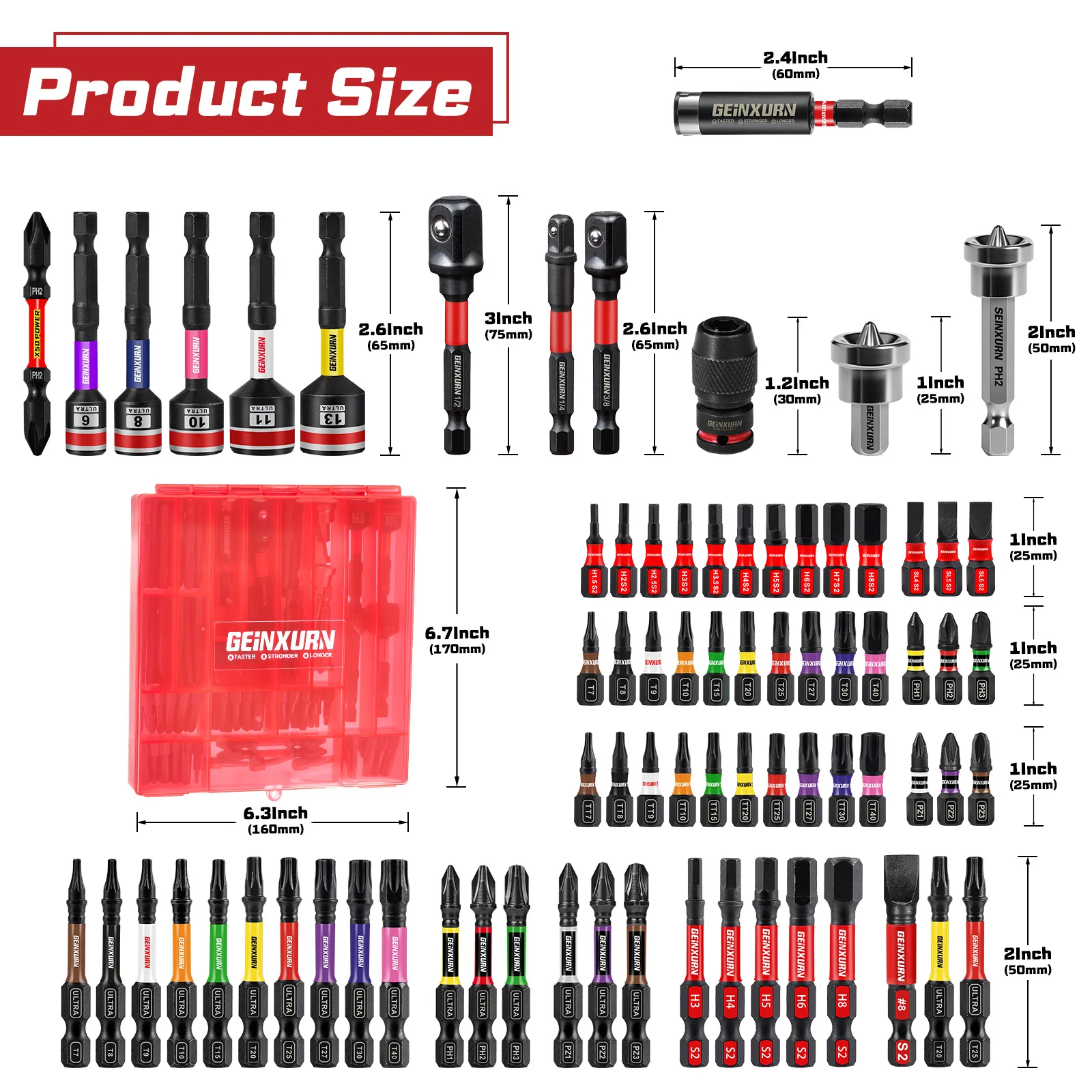Geinxurn 99pcs Coloured Impact Driver Bit Set, Alloy Steel Durable Screwdriver Bits in Plastic Box for DIY and Repairs
