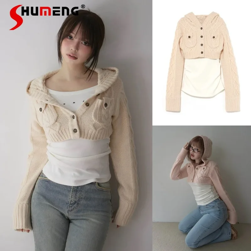 

Japanese Popular Design Braided Hooded Knitted Sweater Long Sleeves Slim Fit Short Cardigan Long Sleeved T-shirt Two-Pieces Set