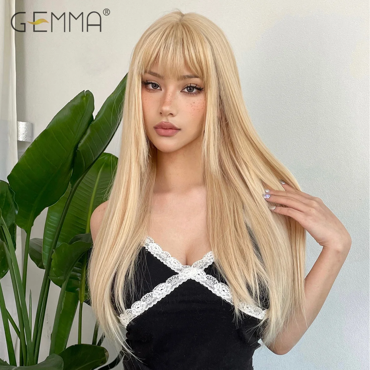 GEMMA Synthetic Light Blonde Long Straight Wig with Bangs Natural Cosplay Hair Wigs for White Women Heat Resistant Fake Hair