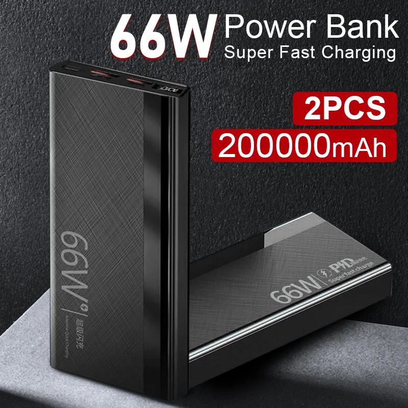 2pcs Power BANK 200000mAh 66W Super Fast Charging Batteries For iPhone 13 14 Pro Huawei  PD 20W External Battery Charger