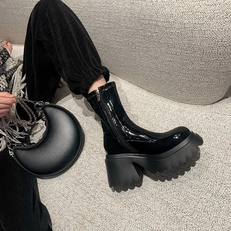 Chunky Platform Long Boots Women Patent Leather Thick High Heels Punk Shoes Woman 2024 Autumn Knee High Boots