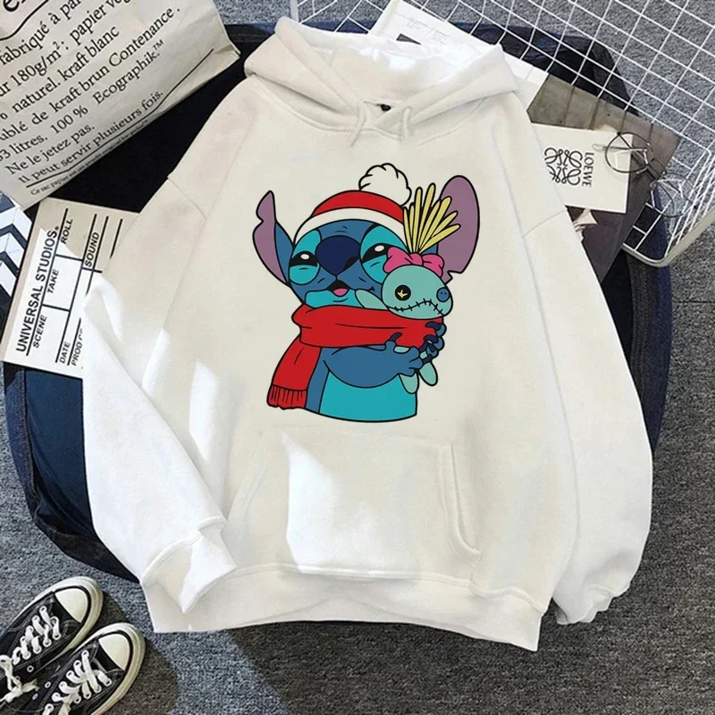 Funny Hoodies Women Harajuku Disney Stitch Christmas Pullovers Cute Kawaii Casual Tops Angel Print Long Sleeve Hooded Sweatshirt