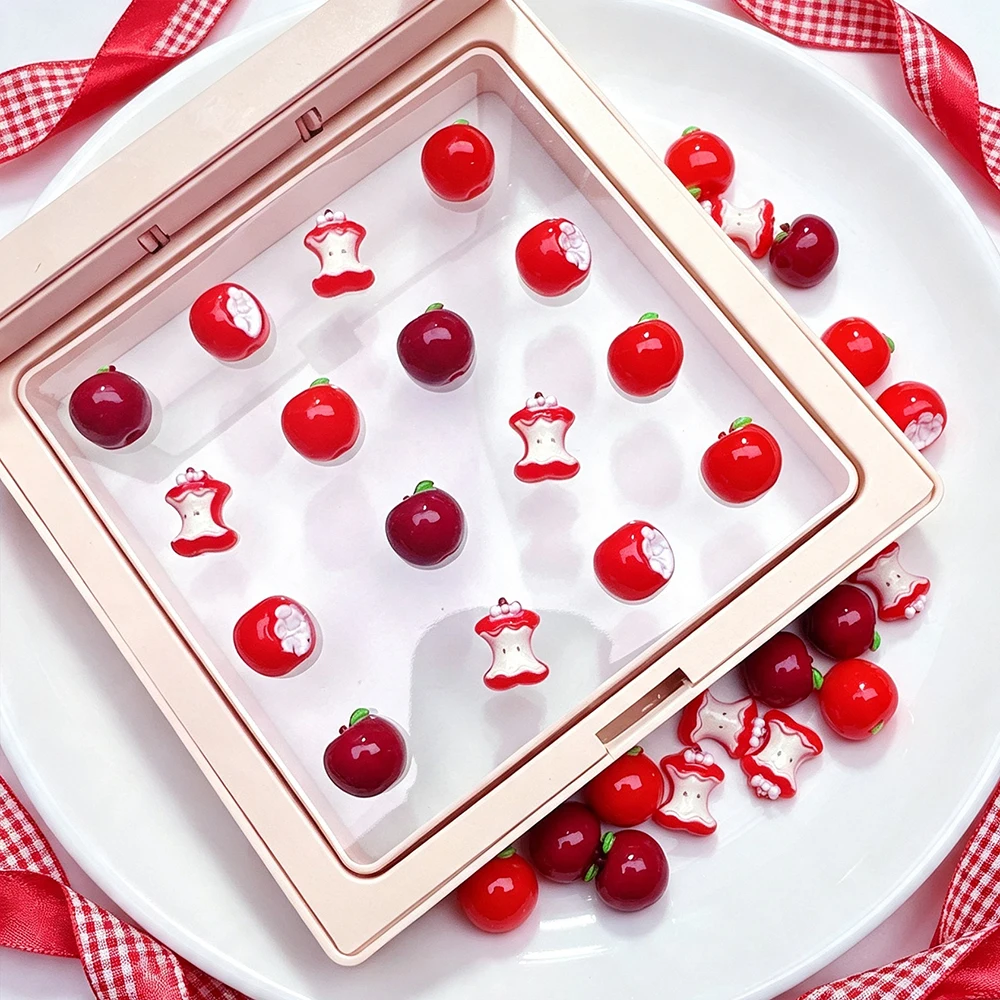 50pcs Cute Red Apple Resin Nail Art Charms Apple Core Take A Bite Of A Red Apple Nail Decoration Flatback Apple For Acrylic Nail