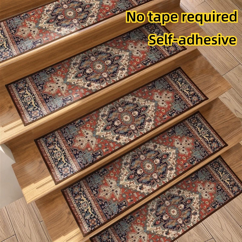 Retro Persian Carpet Flower Pattern Stair Decoration Stairs Mats Non-slip Self-adhesive Machine Easy Cleaning Step Rug 7PC 15PC