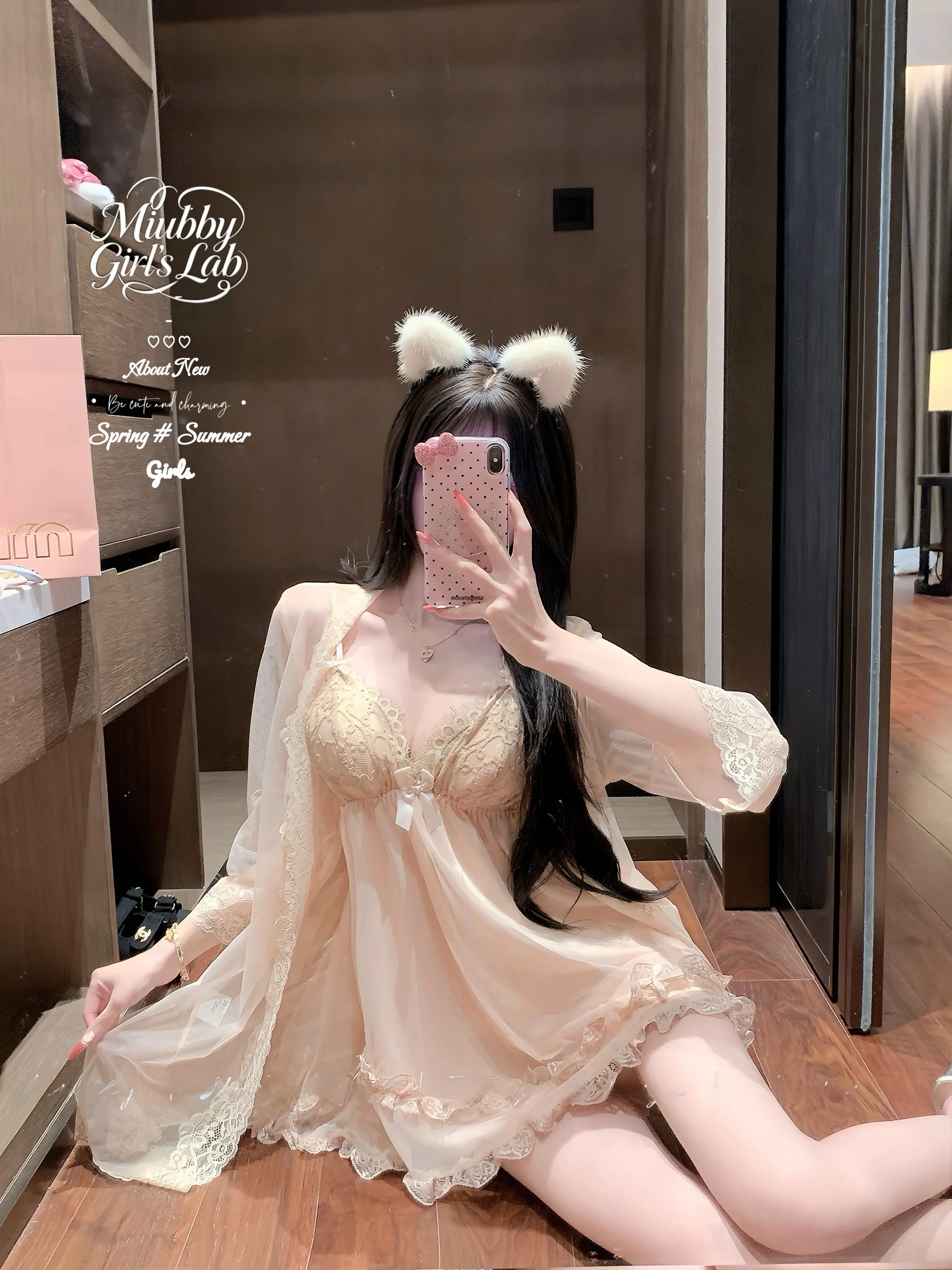 Miubby Cloud Silk Night Pure Desire Gentle Wind Mesh Sleep Dress Robe Set with Chest Pad Comfortable Home Clothes