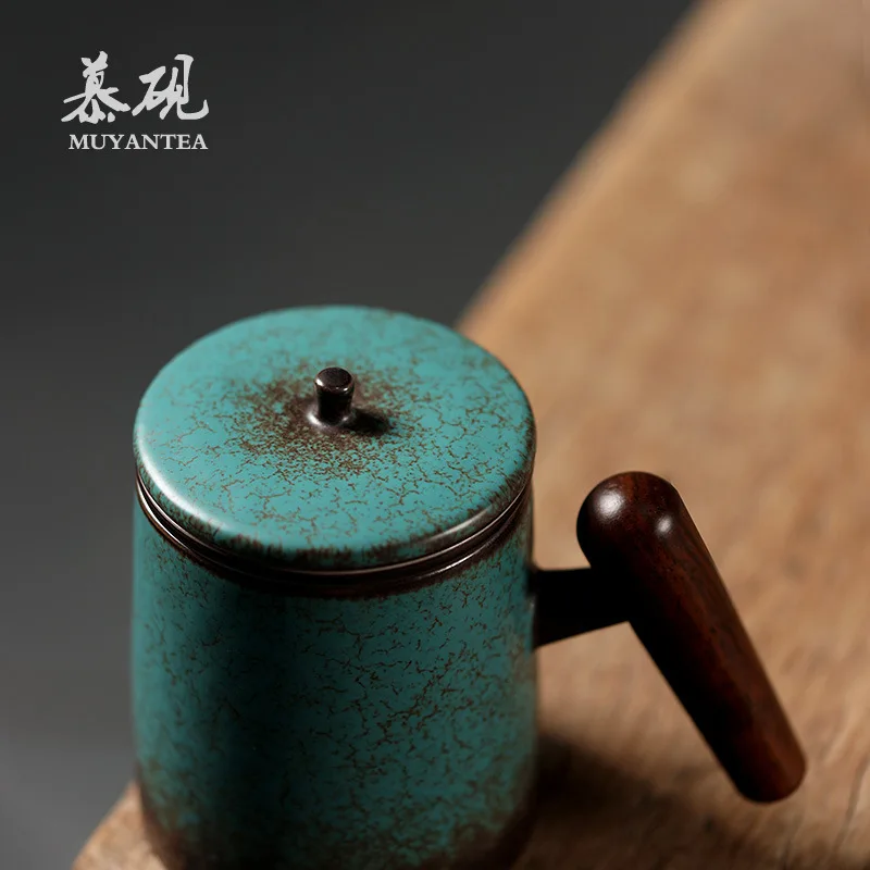 Mutaoy Japanese-Style Kiln-Turned Office Handmade Ceramic Mug, Creative Wooden Handle Water Cup, Home-Use Filter Cup With Lid