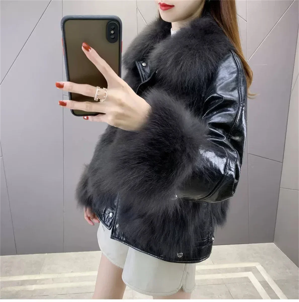 Fox Fur Grass Coat Women's Short Fashion Pocket Winter Coat Fur One Piece Cotton Coat