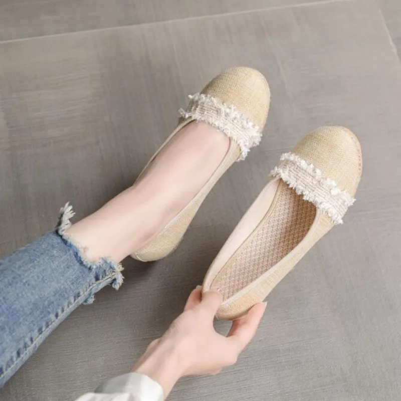 Women's round Toe Slip-On Hemp Wedge Shoe Retro Casual Breathable Mid-Heel Hemp Loafers Sweet Dress Pumps for Ladies