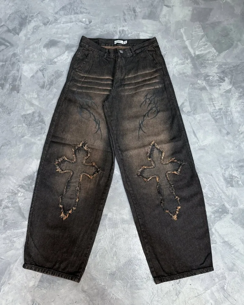 Harajuku Gothic Y2K تصميم نمط المرح الرجال الجينز العصرية الرجعية المألوف تنوعا واسعة الساق السراويل روك الشرير شارع العليا السراويل