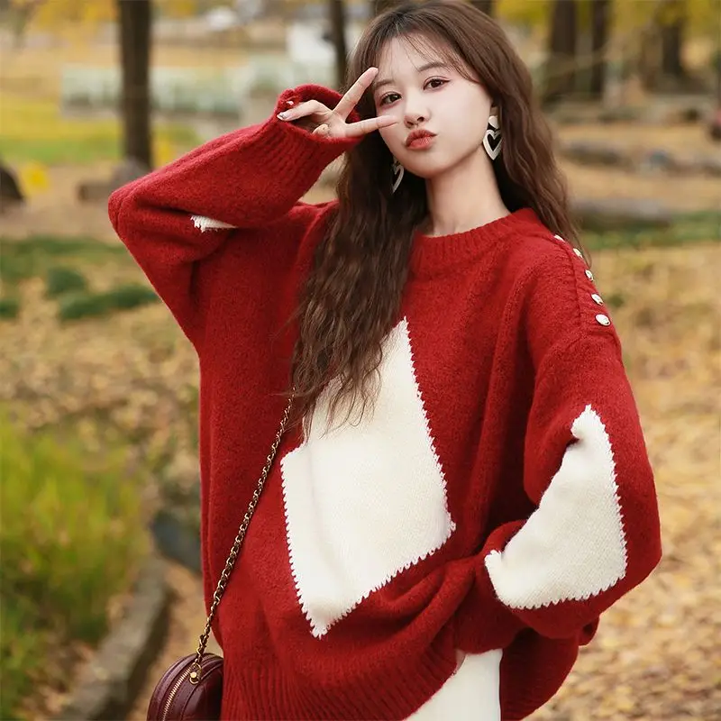 

Lazy Wind Christmas Red Pullover Sweater Women 2023 Autumn/Winter Long Sleeve Korean Loose knit Sweater Pullover Female Top