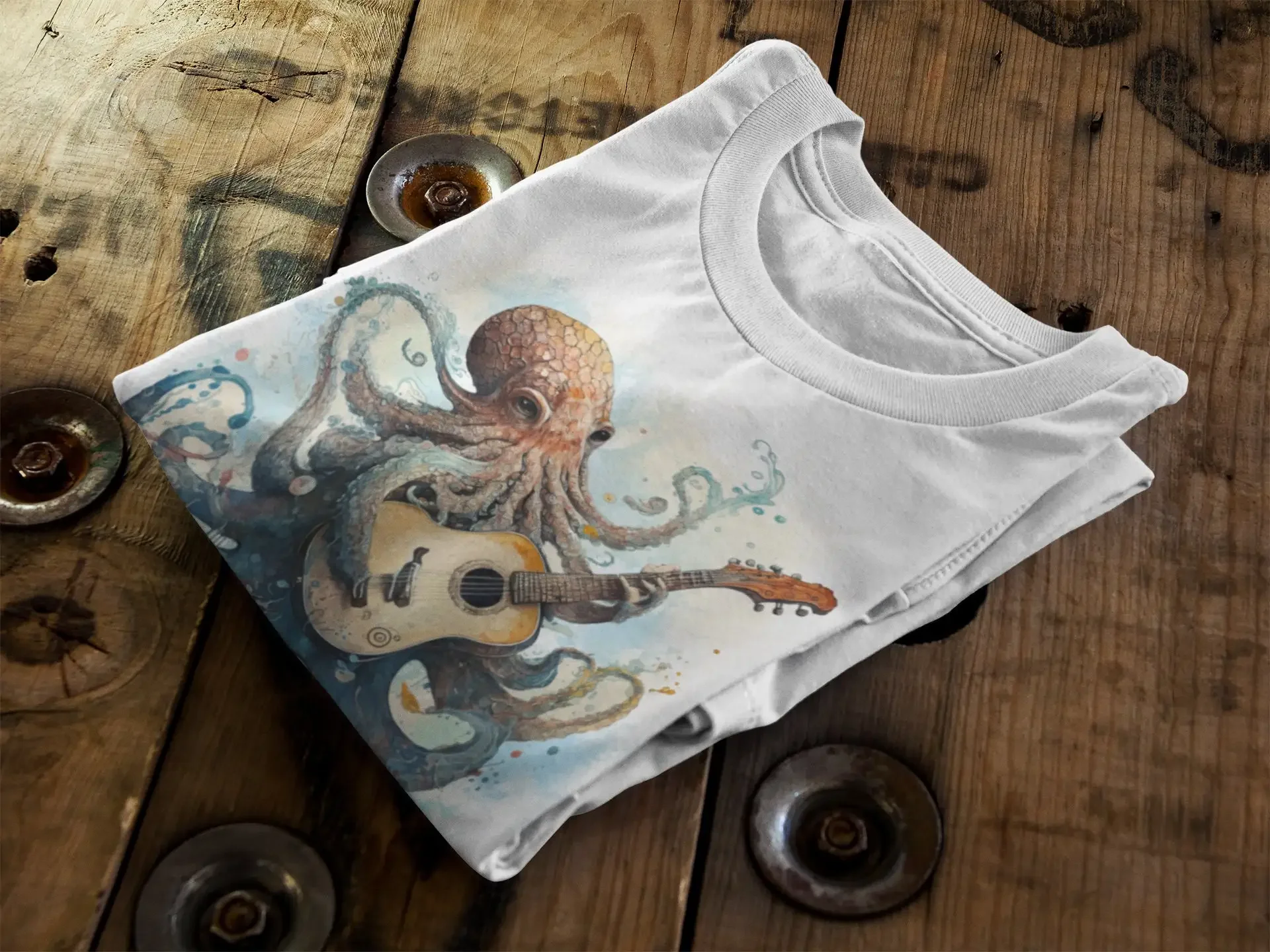 Oktopus spielt Gitarre T-Shirt mit akustischem Motiv, Lady Fit, Geschenk für Gitarristen
