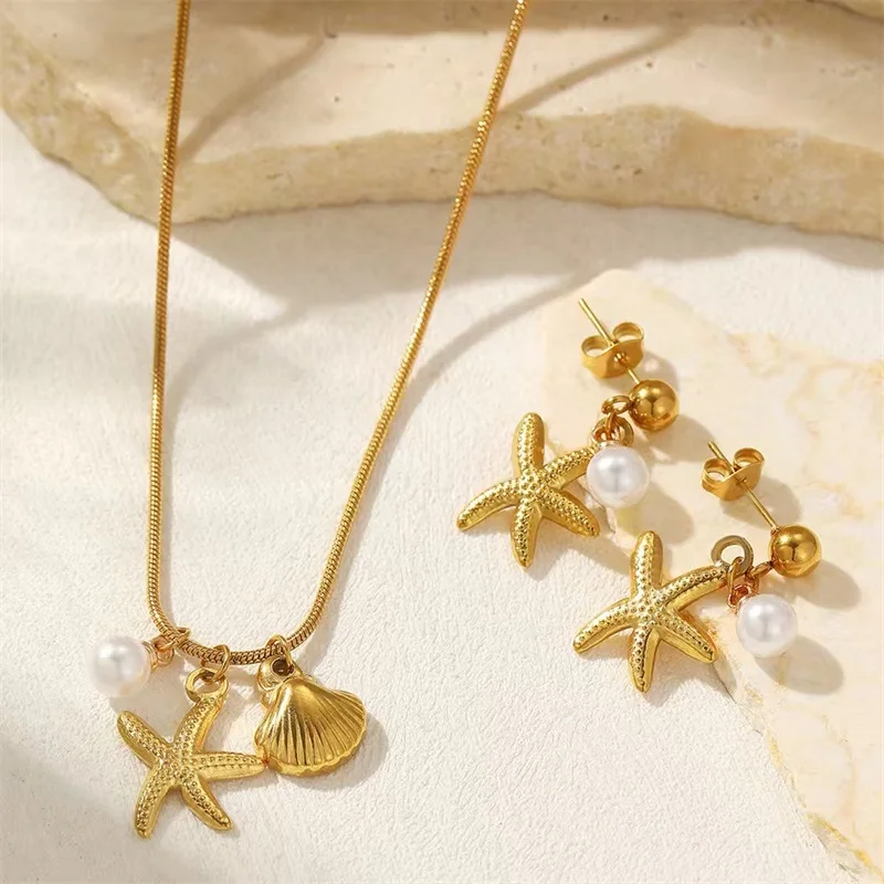 EILIECK 316L Edelstahl Seestern Perlen Muschel Anhänger Halskette Ohrringe Set für Damen Trendiger Wasserdichter Strand-Schmuck Geschenk – Detail 11