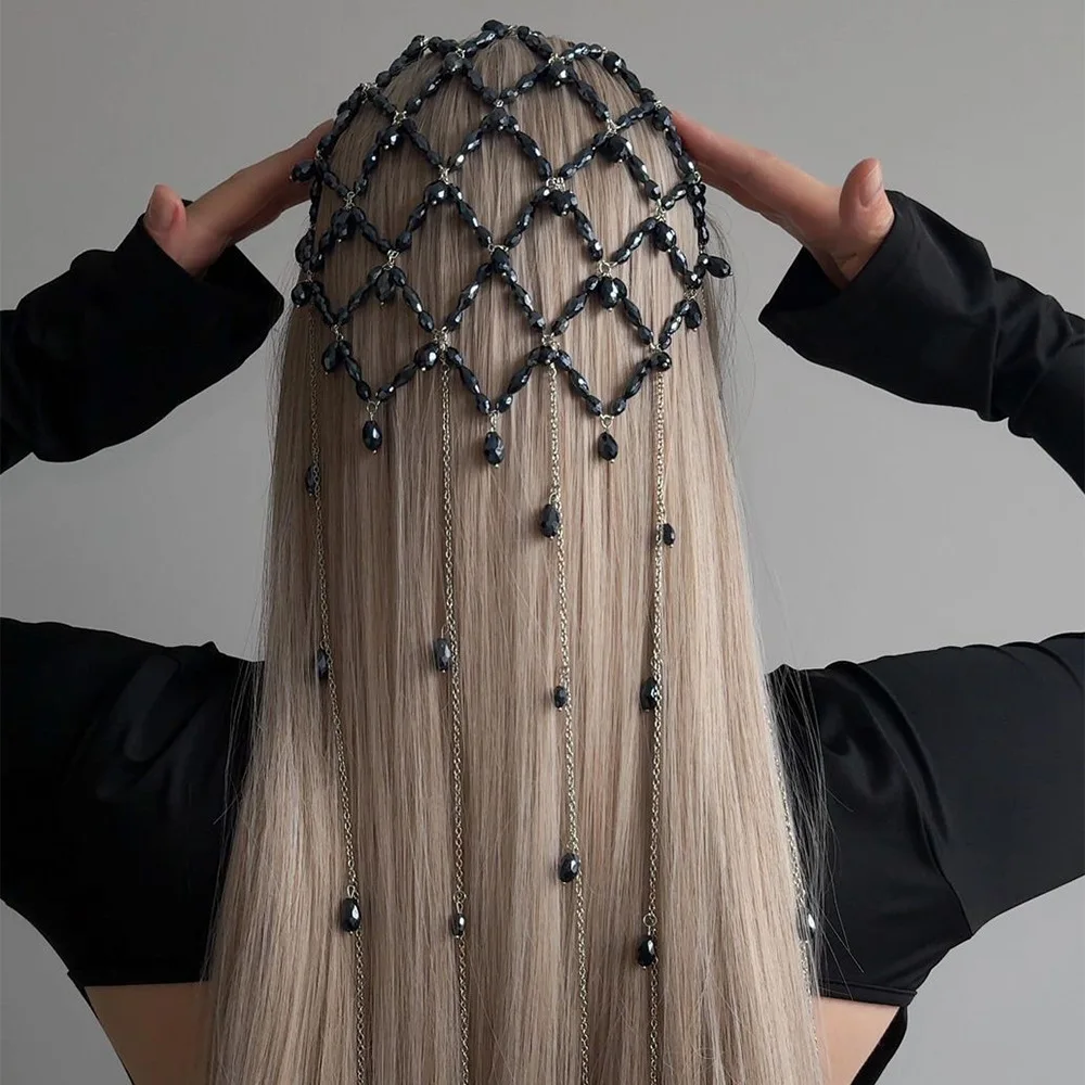 Handmade Festival Hair Accessory Hair Hoop with Dangling Chain Wedding Headpiece With Long Tassels