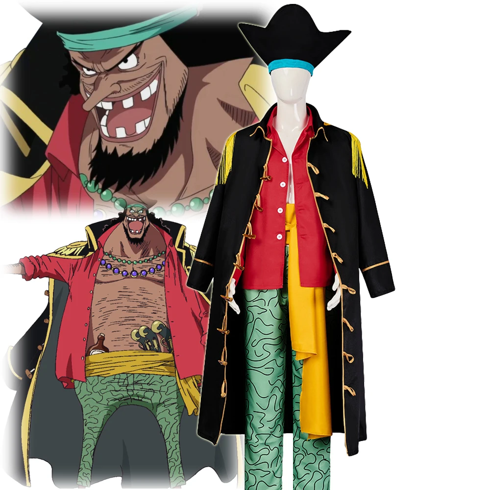 Marshall D Teach Cosplay Priate Quattro Imperatori Barba Nera Mantello Nero Maglietta Rossa Pantalone Verde Uniforme Mantello Cappello Costume per Uomo
