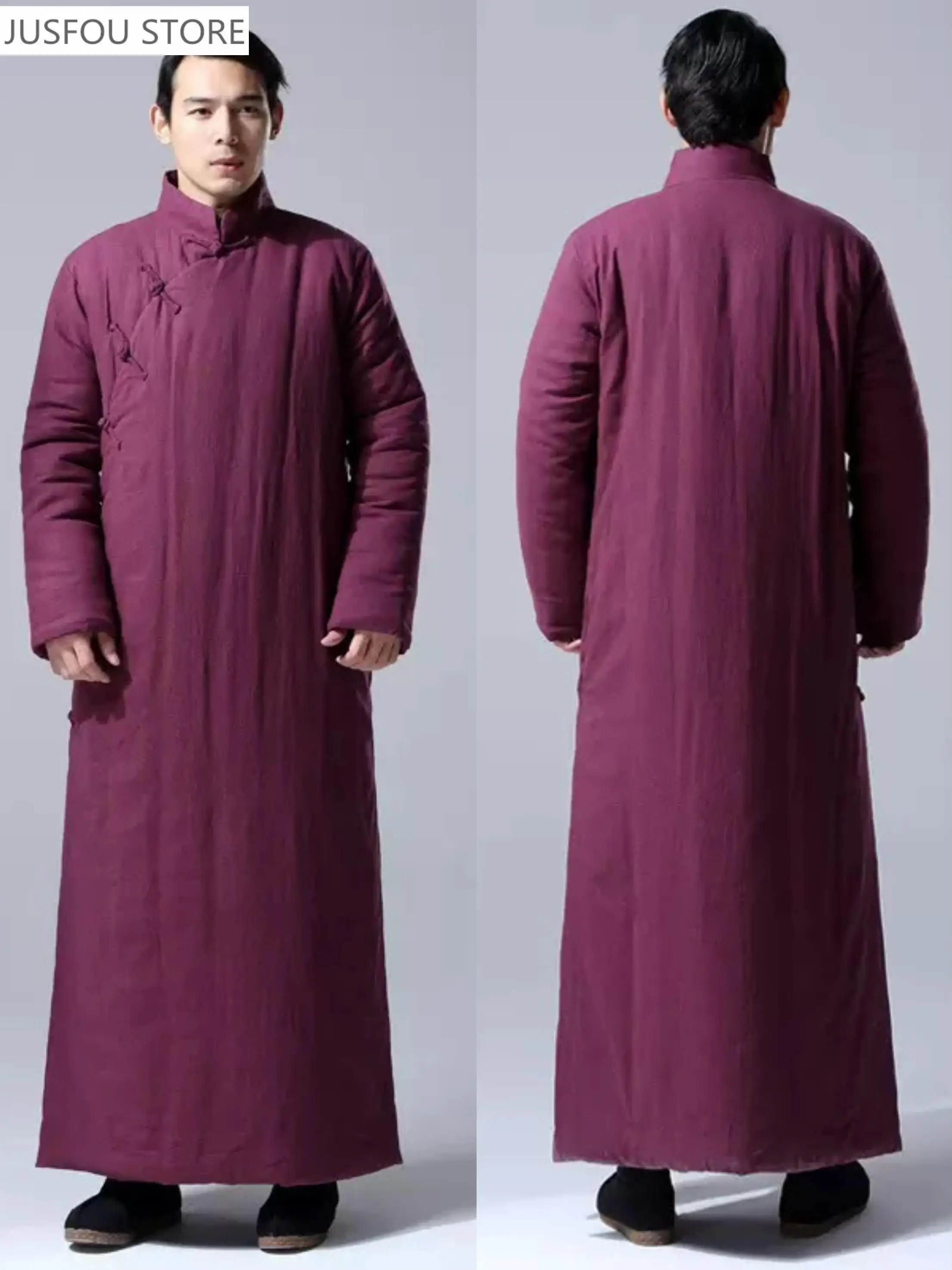 

Мужской зимний китайский традиционный длинный хлопковый льняной халат, однотонный кардиган с воротником-стойкой, ретро пуговицы, топы и рубашка ханьфу