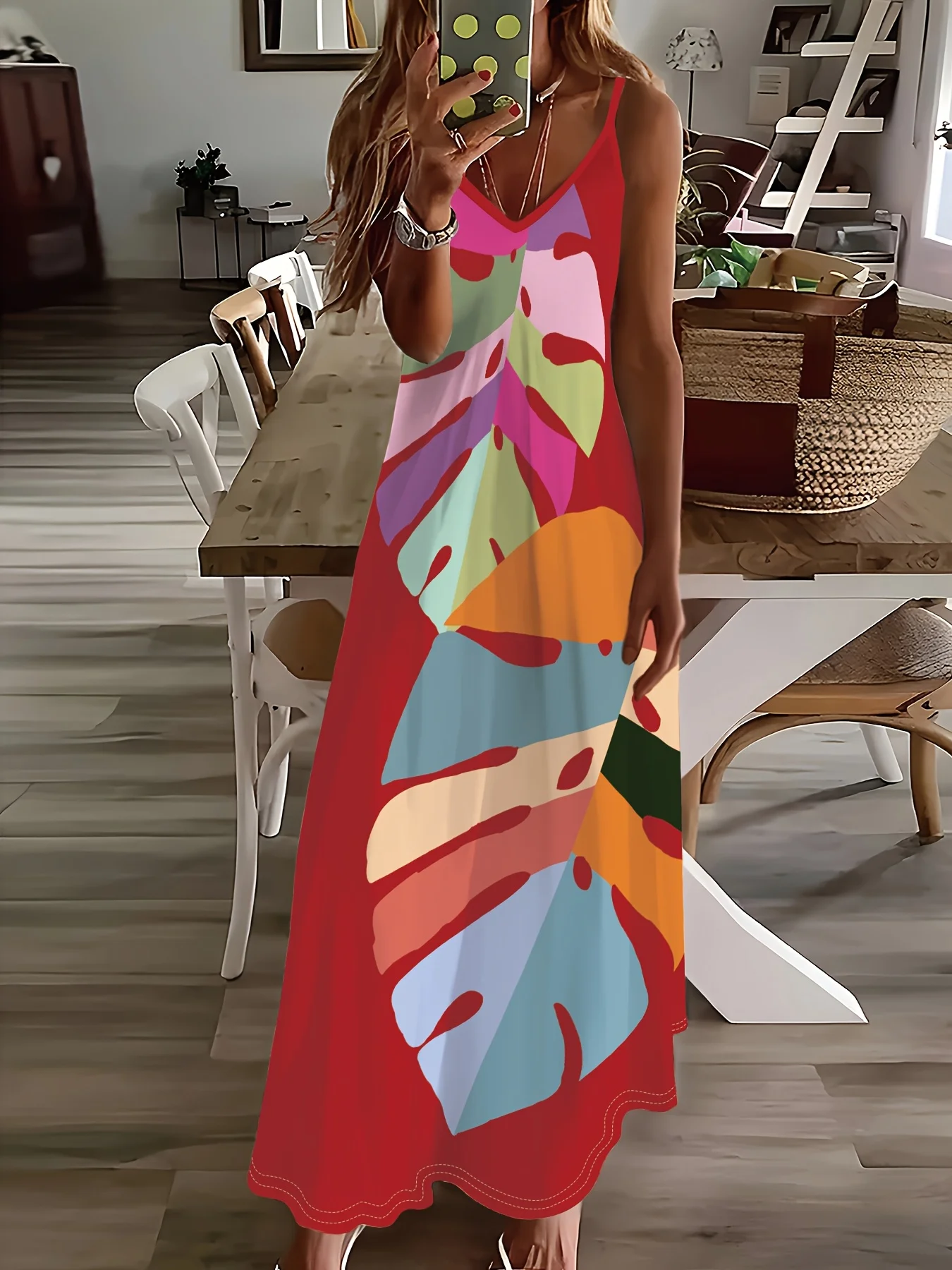 Printed Design Four Seasons Series Holiday Style Colorful Tropical Leaf Pattern Printed Dress