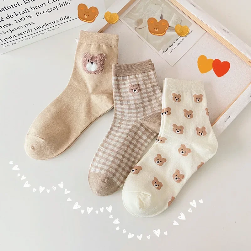 Mid-calf Socks Japanese Cute Fresh Versatile Student Socks 2024 Creative New Brown Bear Socks for Women