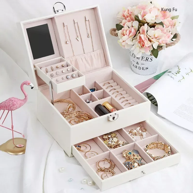 

Jewelry box large multi-layer pull-out jewelry box portable leather jewelry PU storage box makeup organizer