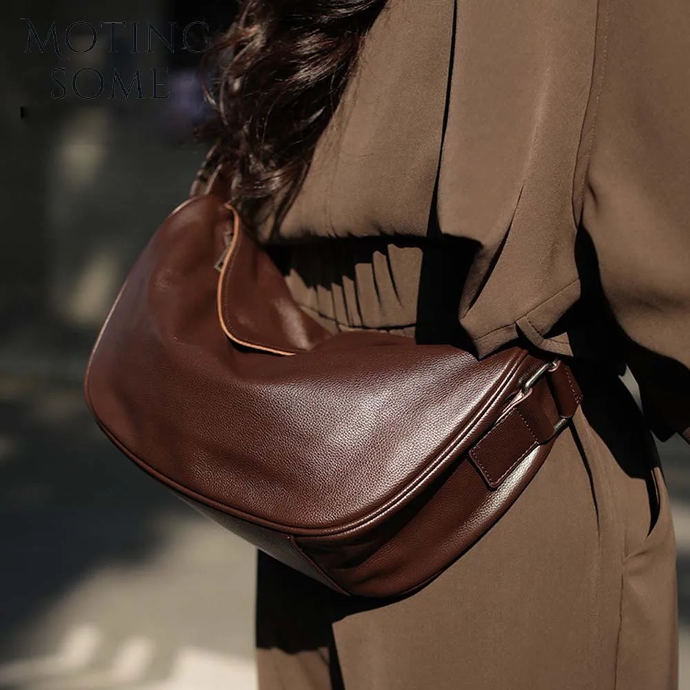 Motingsome Luxury Saddle Bag for Women Underarm Cow Hide Leather Bag Small Pouch Fashionable Lady Handbag Travel Pack 2024 New