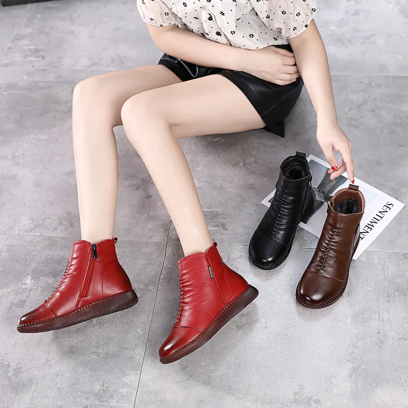 Akexiya Hot Sale Shoe Knight Boots Genuine Leather Ankle Shoes Vintage Casual Shoes Brand Design Retro Handmade Women Boots Lady