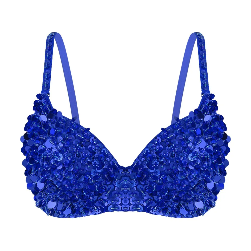 Charming Sequins Beading Belly Dance Bustier Bra Sparkle Padded Stage Performance Top Glittering Shiny Show Costumes Women