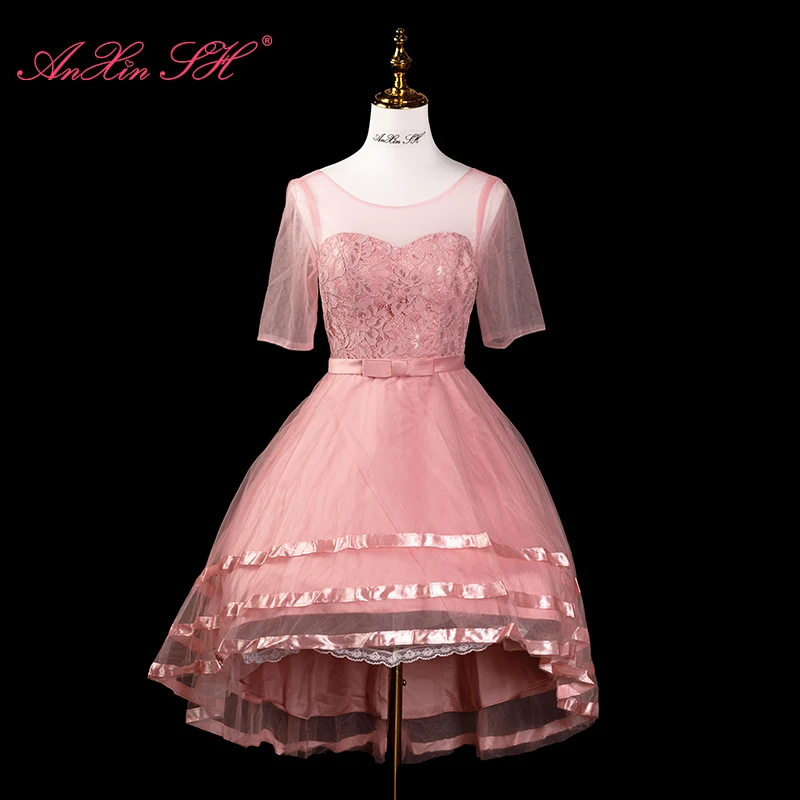 

AnXin SH princess pink flower lace o neck illusion short sleeve little bow party host high/low evening dress Little white dress