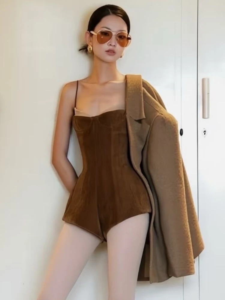 Sexy Spaghetti Straps Patchwork High Waist Jumpsuit Women Borwn Velvet Sleeveless Slim Short Playsuit Party Cocktail Clubwear