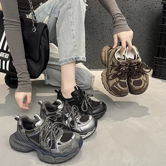 

Vintage Leather Thick Bottom Net Surface Dad Shoes Women's Fashion Casual Sport Shoes Breathable Low Top round Toe Rubber Sole
