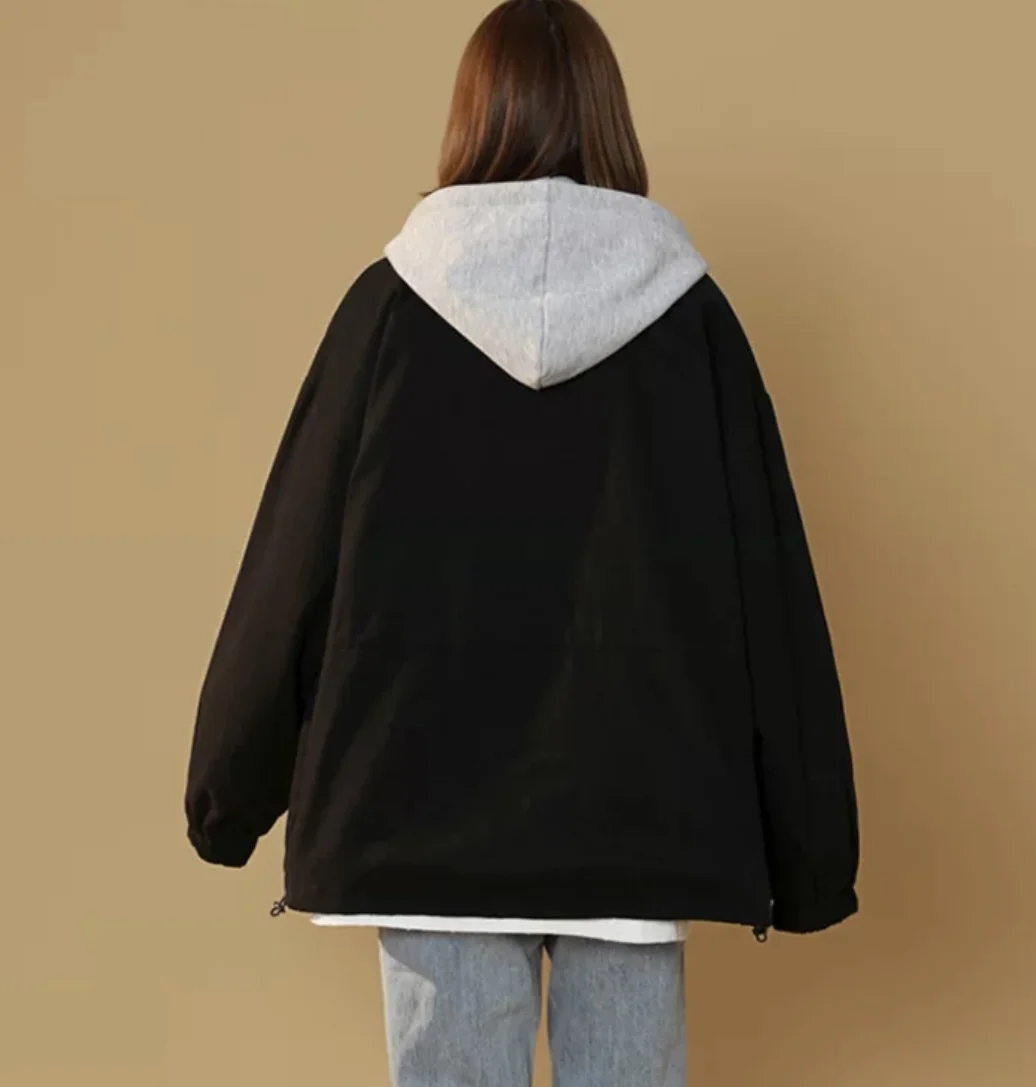 Spliced baseball jacket large size spring and autumn hooded pure cotton Korean version loose street style