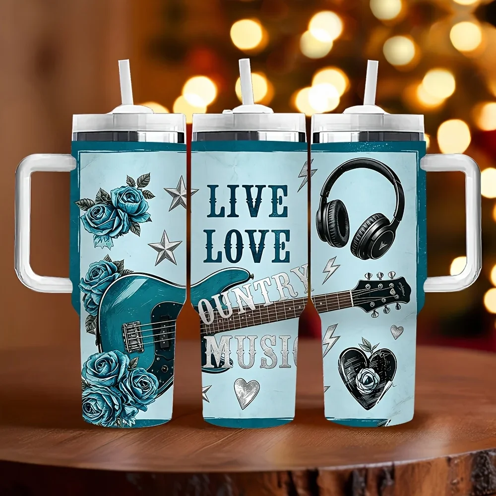 40oz Insulated Tumbler with Handle, Printed with Live Love Country Music Elements, Perfect Holiday Birthday Gift for Music Lovers, Long Lasting Heat Preservation, Suitable for Daily Use and Outdoor Scenes