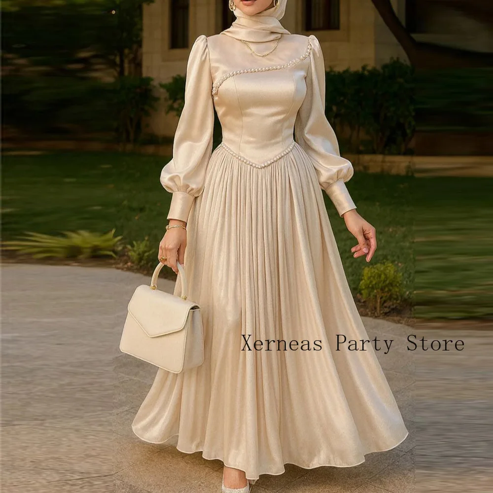 Maßgeschneiderte Perlen-Abendkleider für elegante muslimische Frauen, A-Linie, drapiert, Saudi-Stil, hoher Kragen, luxuriöses Partykleid, Ballkleider 2026 – Detail 2