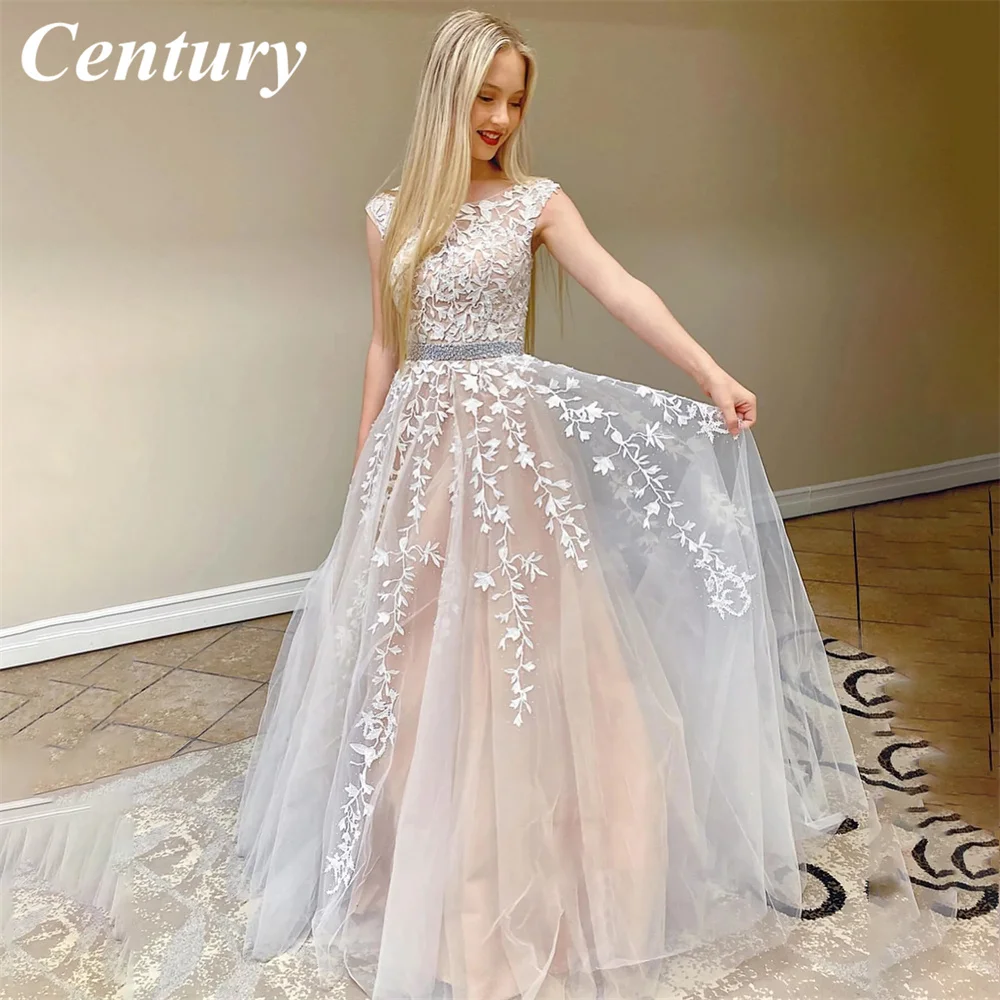 

A Line Ivory Evening Dresses Appliques Lace Evening Gown Scoop Neck Cap Sleeves Formal Dresses robe de soirée de mariage