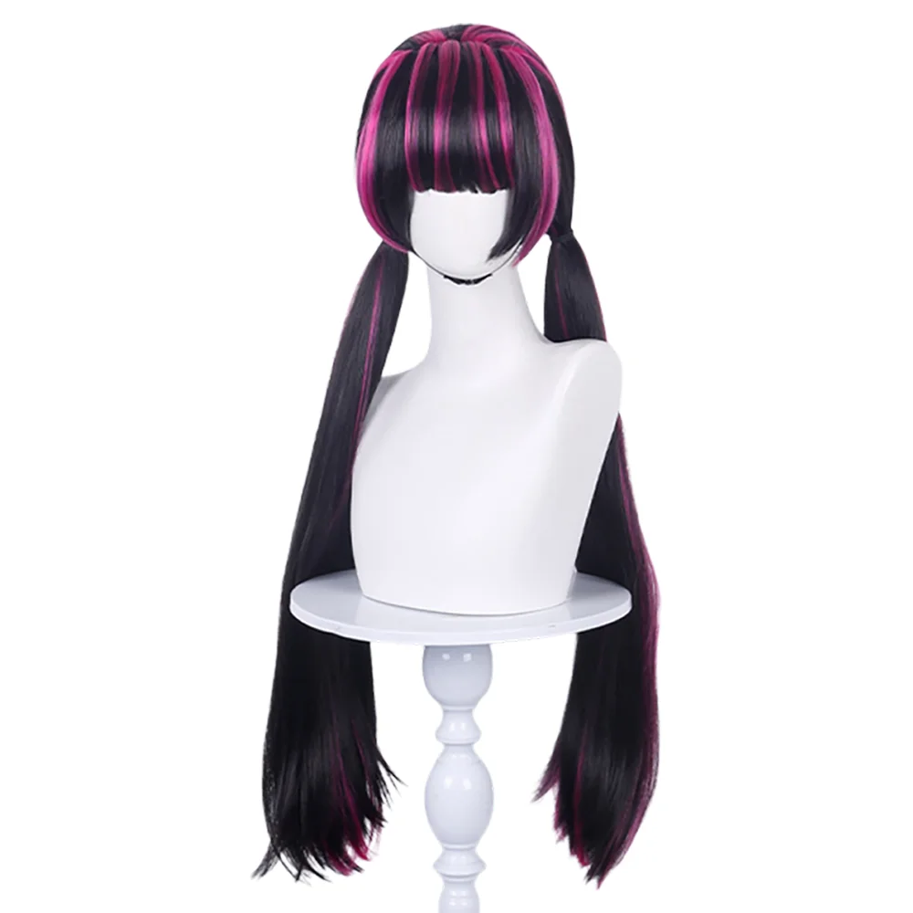 Draculaura Cosplay Wigs Long Straight Black Pink Pigtail Wig with Bangs Heat Resistant Synthetic Hair Halloween Costume Party