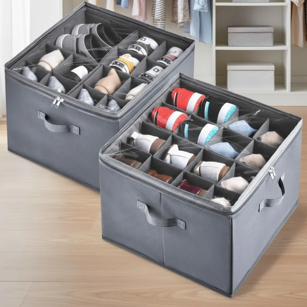 

2 Pack Adjustable Shoe Organizer with Clear Cover, Fits 32 Pairs, Fabric Storage Bins for Closet