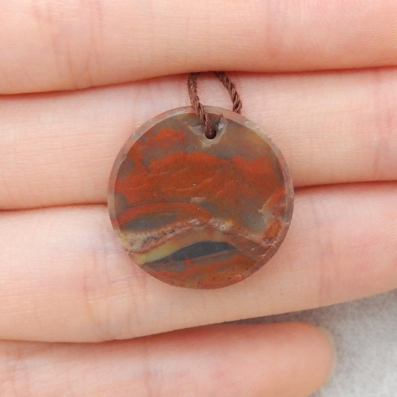 Warring States Period Red Agate round Disc Pendant Layered Red-Brown Gemstone Jewelry Component for Crafting 19x3mm-1.6g