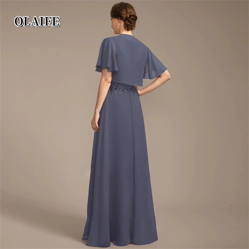 Neue U-Ausschnitt Mutter der Braut Kleid bodenlangen Chiffon Spitze A-Linie Abendkleider Vestidos Mae da Noiva Casamentos