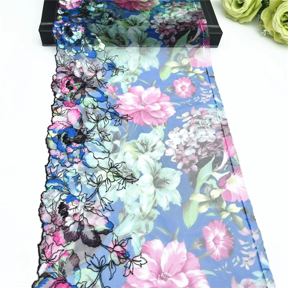 Width 8 1/4Inch 21cm Printed Floral Blue Embroidery Lace Trim Skirt Hem Underwear Sewing Material Craft DIY Apparel Fabric Lace