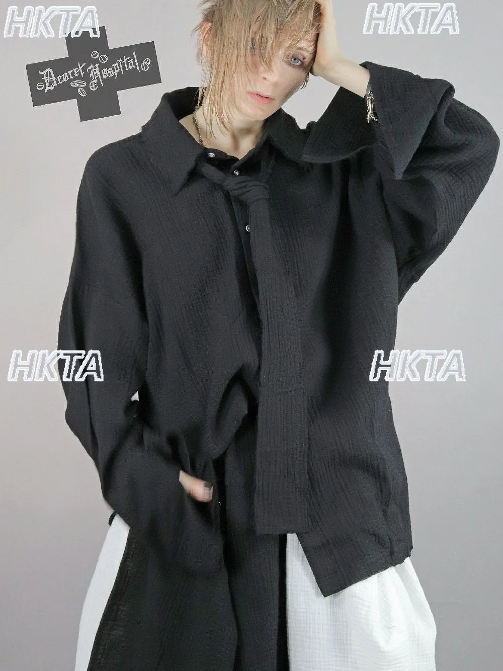 

Japanese Dark College Subculture Goth Tied Turn Down Collar Long Sleeve Shirt Loose Oversized Blouse Black Blusas Women and Men