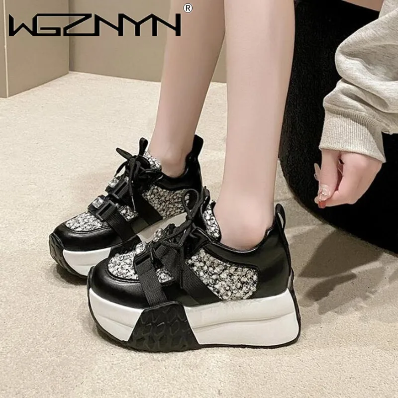 

2024 New Women Spring Chunky Sneakers Thick Bottom Leather Shoe High Platform Vulcanize Shoes Bling Casual Sports Dad Shoes